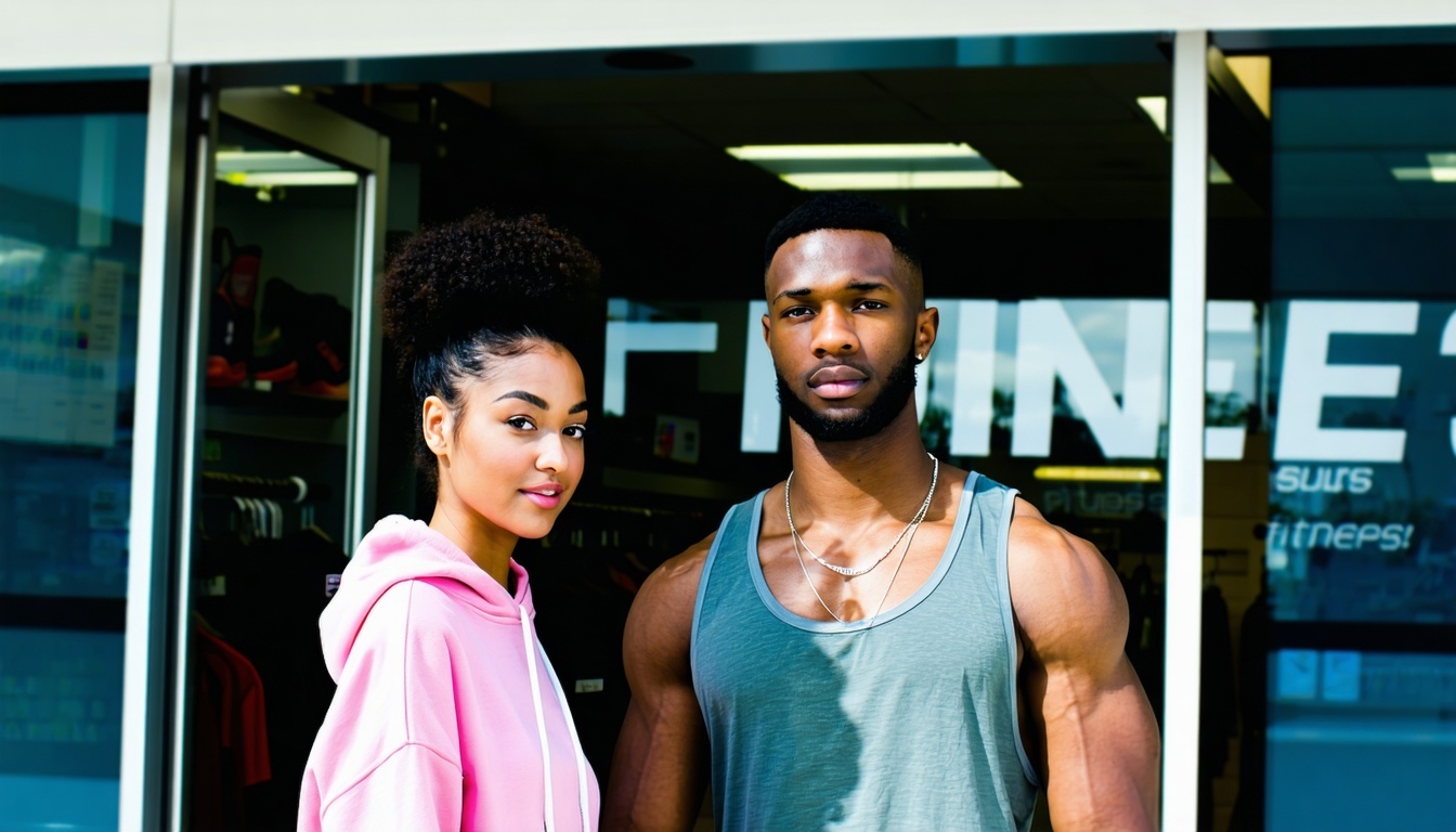 Un jeune couple noir vu de face entrant dans un magasin de fitness-2