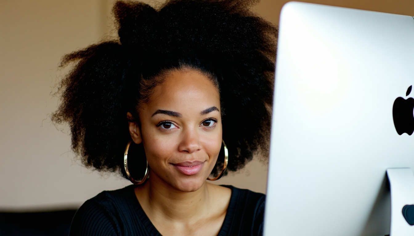 Une jolie femme noire devant un ordinateur Apple conçoit un SVG Tiny 12-2