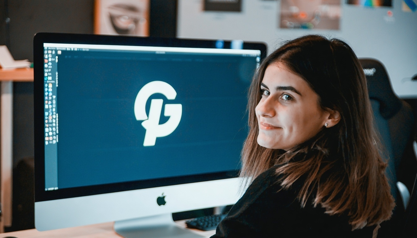Jeune femme devant l'ordinateur, regardant un logo terminé et vérifiant la conformité BIMI.