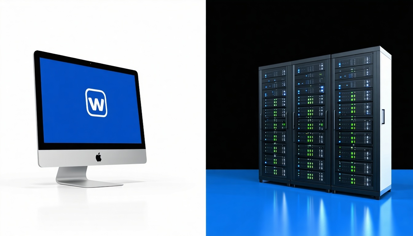 image divisée en deux, une moitié représentant un écran avec un logo et l'autre moitié représentant des serveurs web-2